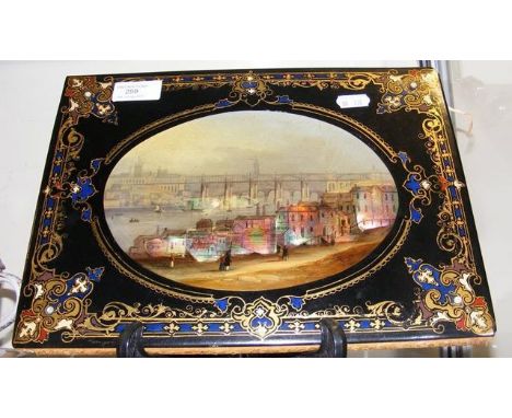 Attractive Victorian stationery folder with hand painted oval panel and Mother of Pearl inlay - 30cm 