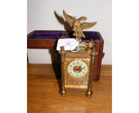 Victorian brass cased carriage clock by Bachmann, Guernsey, with carrying case - 16cm high CONDITION REPORTticks fine, seems 