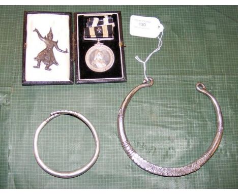 Heavy white metal bangle, medal, etc. 