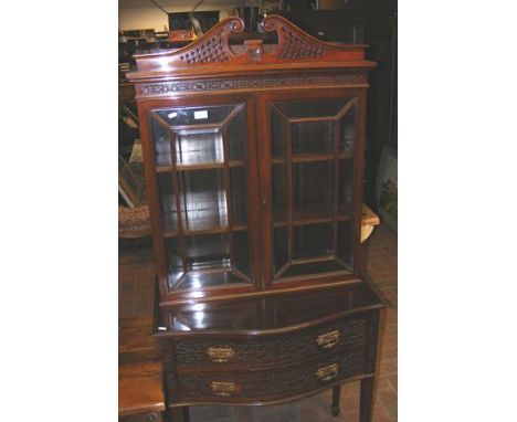 Chippendale style mahogany display cabinet with glazed upper section and two drawers below - 76cm 