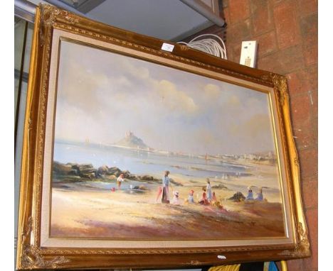 TED DYER - gilt framed oil painting of St Michael's Mount - 50cm x 75cm CONDITION REPORTrepair patch just above boy with net/