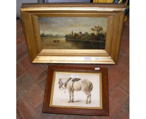 A gilt framed oil painting of river scene, together with a print of a horse 