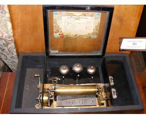 Inlaid Victorian cylinder music box, playing eight airs and having three bells - 46cm  CONDITION REPORT Plays ok just needs a