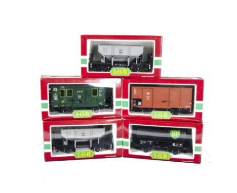 LGB Gauge I Freight Stock: Four-wheeled wagons comprising 4141 Hopper wagon (2), 4040B BP tanker, 4035 DB van and 3019 ‘LGB P