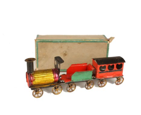 A French Dessin or Faivre type late 19th Century Tinplate Floor Train Set, comprising 4-wheel lacquered Locomotive with yello