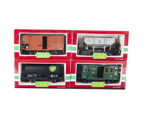 LGB Gauge I Freight Stock: Four-wheeled wagons comprising 4141 Hopper wagon, 4040B BP tanker, 4035 DB van and 3019 ‘LGB Post-