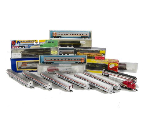 N Gauge American Diesel Locomotives by various makers: including Bachmann UP switcher, Bev-Bel F7’s in Santa Fe ‘warbonnet’ l