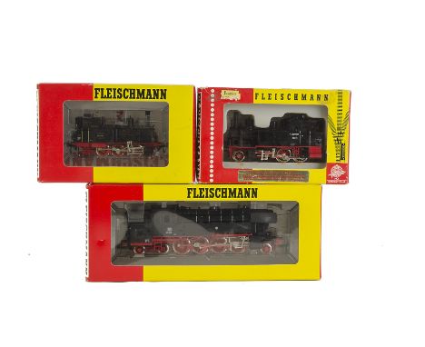 Fleischmann H0 Gauge Steam Loco­motives: three tank locomotives, comprising DB 2-8-4T 65 018 (ref 4065), DR 0-6-0T 89 7462 (r