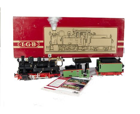 An LGB/Aster Gauge I Live steam Locomotive ‘Frank S’: ref 2901, an 0-6-0 gas-fired locomotive and tender, part-way through co