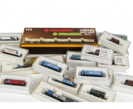 Märklin Z Gauge Freight Stock: an assortment of wagons and vans including 8620 giant transformer carrier, 8624 small hoppers 