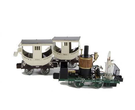 A Gauge I Baltimore and Ohio ‘Grasshopper’ live steam Locomotive and Coaches by Lutz Hielscher: with gas-fired vertical boile