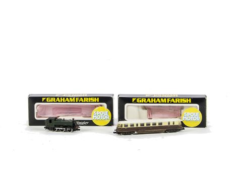 Graham Farish N Gauge GWR Tank and Railcar: GWR chocolate and cream Railcar, in 8176 box and GWR green 0-6-0 Tank, in an orig