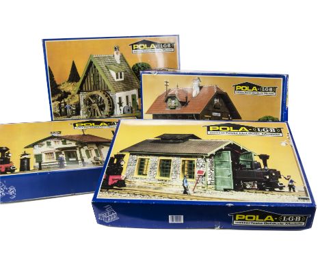 LGB/Pola G scale kit buildings designed for outdoor use: including 901 Schoenweiler station, 910 single-track engine shed, 91