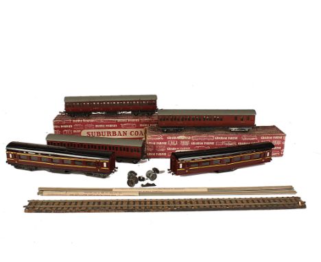 LMS 00 Gauge Coaches by Graham Farish and ScaleMaster: comprising three early Farish coaches in LMS maroon, one G in original