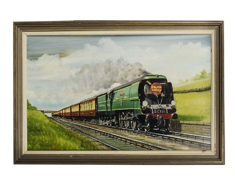 An original Oil Painting of the ‘Golden Arrow’, depicting 21C151 ‘Winston Churchill’ pulling the Golden Arrow Train in open c