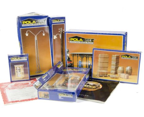 LGB/Pola G scale kit buildings designed for outdoor use: including 940 Level crossing (used), 908 platform canopies (2), 950 