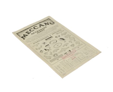 Meccano Accessory Parts Leaflet 1929: one sheet with ref 6/929/25, stamped Brights Toy Dept, G