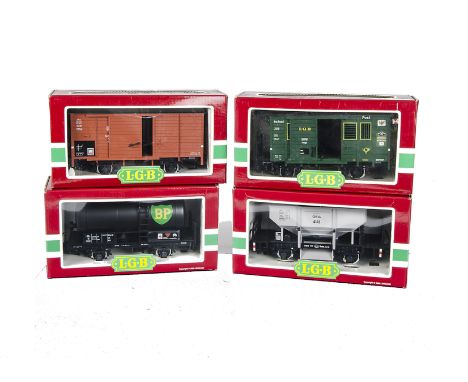LGB Gauge I Freight Stock: Four-wheeled wagons comprising 4141 Hopper wagon, 4040B BP tanker, 4035 DB van and 3019 ‘LGB Post-