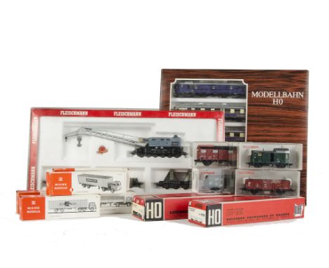 A Collection of H0 Gauge Rolling Stock and Vehicles by various makers: comprising Fleischmann Crane set ref 5597, Liliput ‘Rh