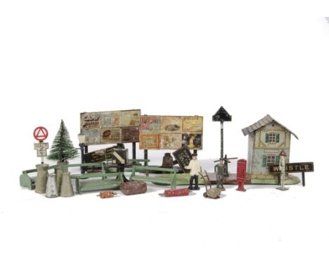 Railway Accessories: German tinplate ticket booth, lacks fence; Britains road sign, lacks paper signs; Meccano table lamp, a.