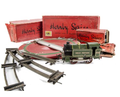A Hornby 0 Gauge Clockwork No. 1 Tank engine track and other items: finished as GWR no. 4560 with red edging to gold numbers 