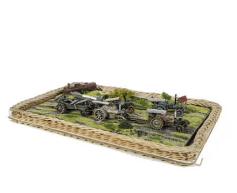 An approximately 00 scale diorama with military traction engines: featuring four (static) model engines with military loads m