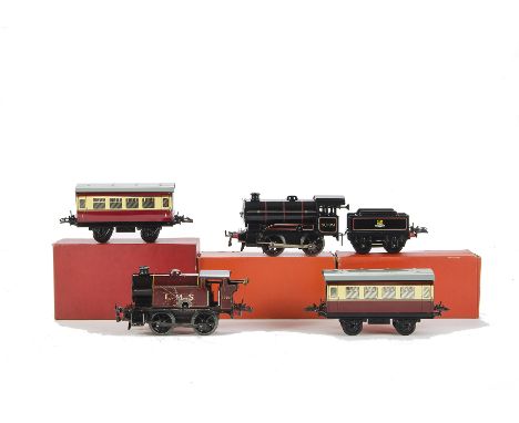 Hornby 0 Gauge Clockwork Locomotives and Coaches: comprising a No 50 locomotive and tender in BR black, VG-E, loco in origina