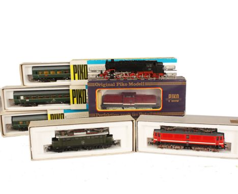 PIKO H0 Gauge Locomotives and Coaches: 5/6220 Diesel 110 025-4 in maroon with cream stripe, Lok E dr Electric Locomotive in r