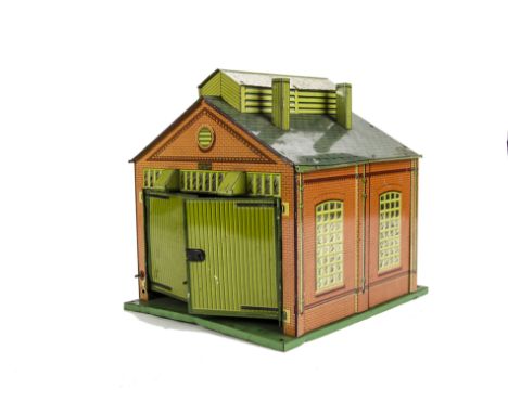 A Hornby 0 Gauge No 1E Engine Shed: overall G, printing bright but with damage to doors and guttering, rails and one electric