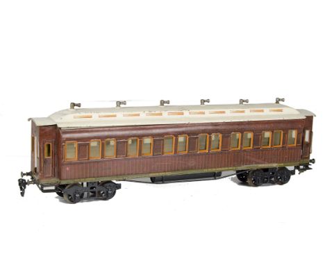 A Gauge I German Mitropa Schlafwagen Coach by Märklin: in boarded red/brown livery, with detachable clerestory roof, interior