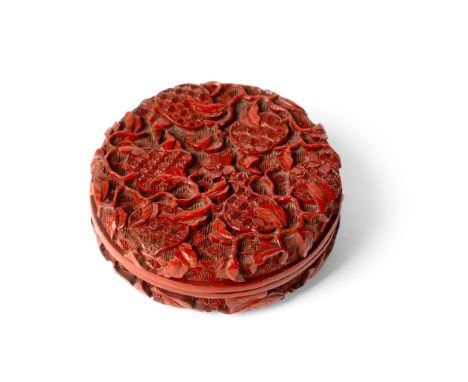  CHINESE CINNABAR LACQUER 'SANDUO' BOX WITH COVER QING DYNASTY, 18TH CENTURY 清 剔紅三多紋圓蓋盒both the box and cover carved with lyc