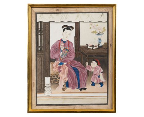  FINE CHINESE PAINTING OF A LADY AND BOY QING DYNASTY, 18TH-19TH CENTURY 清 仕女童子圖 紙本設色 鏡框ink and colour on paper, finely depic
