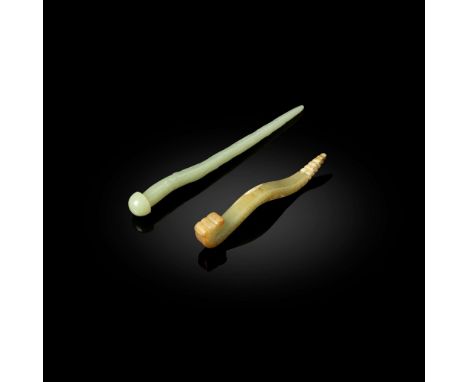  TWO CHINESE CELADON JADE HAIRPINS QING DYNASTY 清 青玉雕髮簪（共兩件）one hairpin with dragon-head and angled s-shaped shaft with cloud
