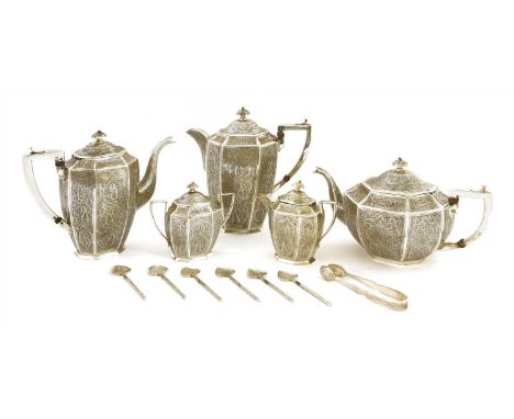 An Indian silver five-piece tea service, Kashmir, c.1890, consisting of: a teapot, coffee pot, hot water jug, cream jug and s