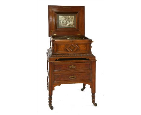 A Polyphon disc musical box, playing 15½ inch discs on a sublime harmony comb arrangement, in a walnut and inlaid case, on a 