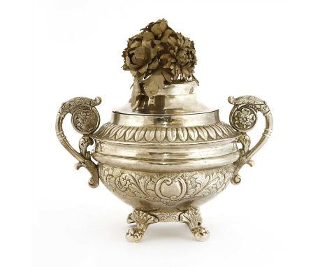 A Maltese twin-handled silver sugar bowl and cover with the maker's mark 'VO' below a fleur-de-lys, 1839, and 'R' within a sh