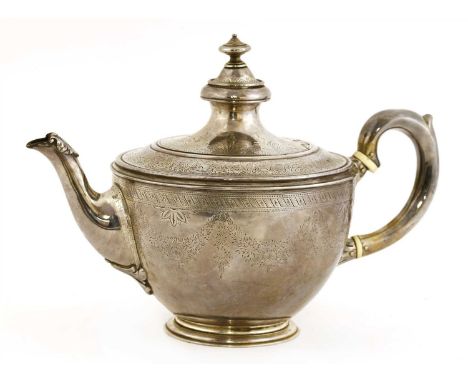 A Victorian silver teapot, by Robert Gerrard (II), London, 1870, circular with tapering sides and decorated all-over with flo