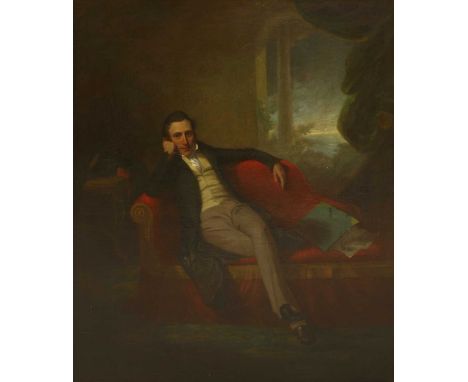 George Chinnery (1774-1852) PORTRAIT OF A YOUNG MAN, SEATED ON A CHAISE LONGUE WITH A TROPICAL LANDSCAPE BEYOND Oil on canvas