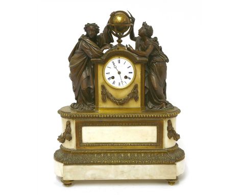 A French marble and ormolu mantel clock, mid to late 19th century, decorated with two figures enclosing a central globe finia