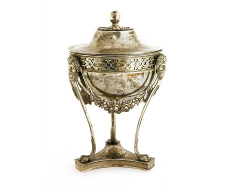 An Italian silver-covered bonbon dish, early 19th century, marked 'O. Pini' to a leg and the inside rim of the lid, the sprea