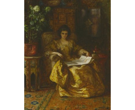 Miss Margaret Isabel Dicksee (1858-1903) PORTRAIT OF AN ELEGANT LADY SEATED READING IN THE STUDIO OF THE ARTIST'S BROTHER, SI