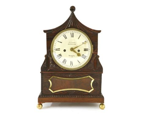 A Regency rosewood bracket clock, the white painted dial with eight-day bell strike movement and inscribed 'J.Crook, 129 Fulh