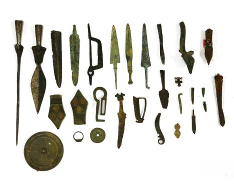 Antiquities: a collection of metal items, including: a circular mirror, Anglo Saxon and 16th century knives, arrow head, bone