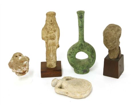 Antiquities: five ancient clay items, comprising: two heads, a moulded flask, figure and vase, largest 17.5cm high (5)