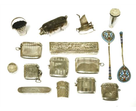 A collection of sixteen small silver items, comprising: a toothpick case with toothpick, S Pemberton, 1796, seven vesta cases