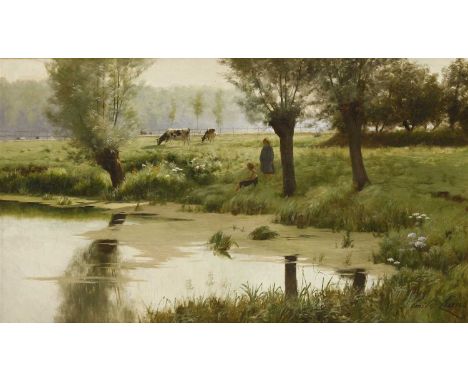 Emile Claus (Belgian, 1849-1924) A PASTORAL SCENE WITH CHILDREN AND CATTLE BY A POND Signed l.r., oil on canvas 53 x 92cmA su