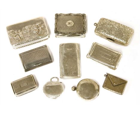 Ten silver boxes, comprising: five snuff boxes, by Tropp &amp; Taylor,1813, Cohen &amp; Charles,1917 and others, two sovereig