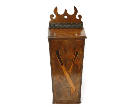 A George III strung mahogany wall-mounted knife box, the front inlaid with a knife and fork below a sloping hinged lid, 46cm 