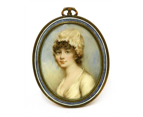 Follower of Richard Cosway, c.1800 PORTRAIT BUST OF A YOUNG WOMAN Miniature on ivory Oval, 7 x 5.3cm, yellow metal and enamel