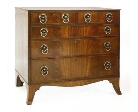 A George III and later flame mahogany chest of drawers, the moulded rectangular top over two short drawers, over three long d